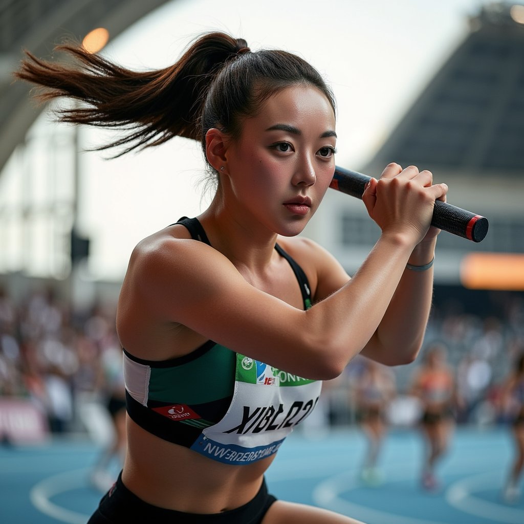 Headshot of a relay runner gripping a baton mid-hand-off, intense focus, motion blur behind, sharp side lighting — energy of World Athletics Championship captured