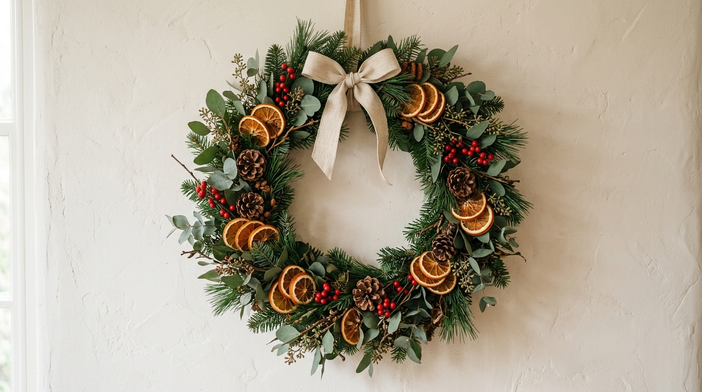 Rustic woodland wreath Christmas card design