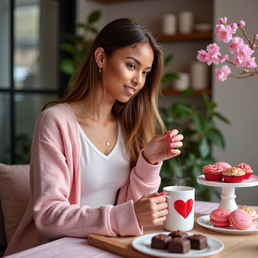 A model wearing a soft pink cardigan, sitting at a table adorned with Valentine's treats like cupcakes, macarons, and chocolates, holding a steaming mug with a heart design