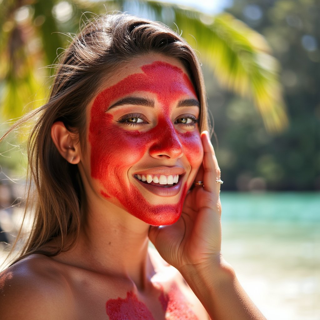 woman with a joyful, free-spirited expression, her face and clothing covered in bursts of tomato red. Her presence feels expressive and radiant, with sunlight adding warmth and clarity to every detail. The background is softly blurred, with hints of festive color in the air. Lighting is clean and natural, capturing glistening wet textures and rich saturation. Hyper-detailed, sharp focus, bold colors, lively emotion.