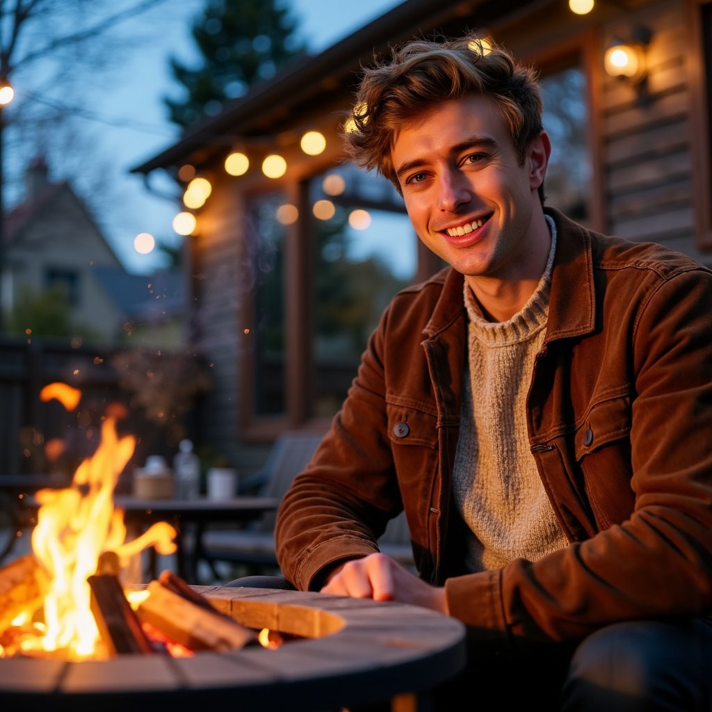 Highly realistic, highly detailed HDR image of a man (male, ~33 yrs) sitting waist-up beside an outdoor fire pit at dusk. Camera slightly above eye level, capturing warm firelight flickering across his face. He wears a suede jacket in dark chestnut layered over a beige knit sweater — both showing tactile texture, small creases, and soft shadows. His hair is short and wavy, faint beard visible. The fire casts orange glow across his right cheek, with cooler blue ambient tones from the evening sky behind. Background softly blurred: faint silhouettes of trees and warm string lights. Light smoke haze adds realism. Details: skin pores, hair fibers, subtle condensation in breath visible. HDR, high resolution, high quality, highly detailed, hyperrealistic photoreal portrait.