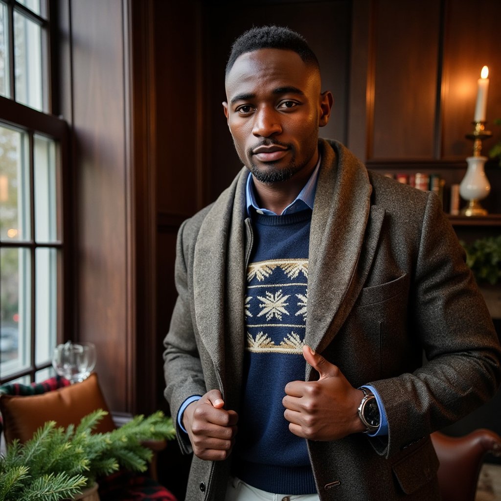 Man standing near a mullioned window, body angled 30° from camera, eyes to lens, calm expression. Hairstyle: side-part with light pomade, neatly trimmed beard. Attire: heritage Fair Isle wool sweater layered over an Oxford shirt; tweed sport coat draped over shoulders; wool scarf loosely looped. Fabric details: jacquard knit definition, tweed herringbone, oxford weave. Camera: slightly above eye-level, 50mm, f/2.2. Lighting: cool daylight key through window + warm bounce from room for mixed-temperature holiday glow. Background: blurred evergreen boughs, leather-bound books, subtle tartan throw on a chair; minimal objects, no clutter. Pose: one hand lightly touching scarf edge. Render: highly detailed, highly realistic, HDR; crisp knit pattern; lifelike eye catchlights.