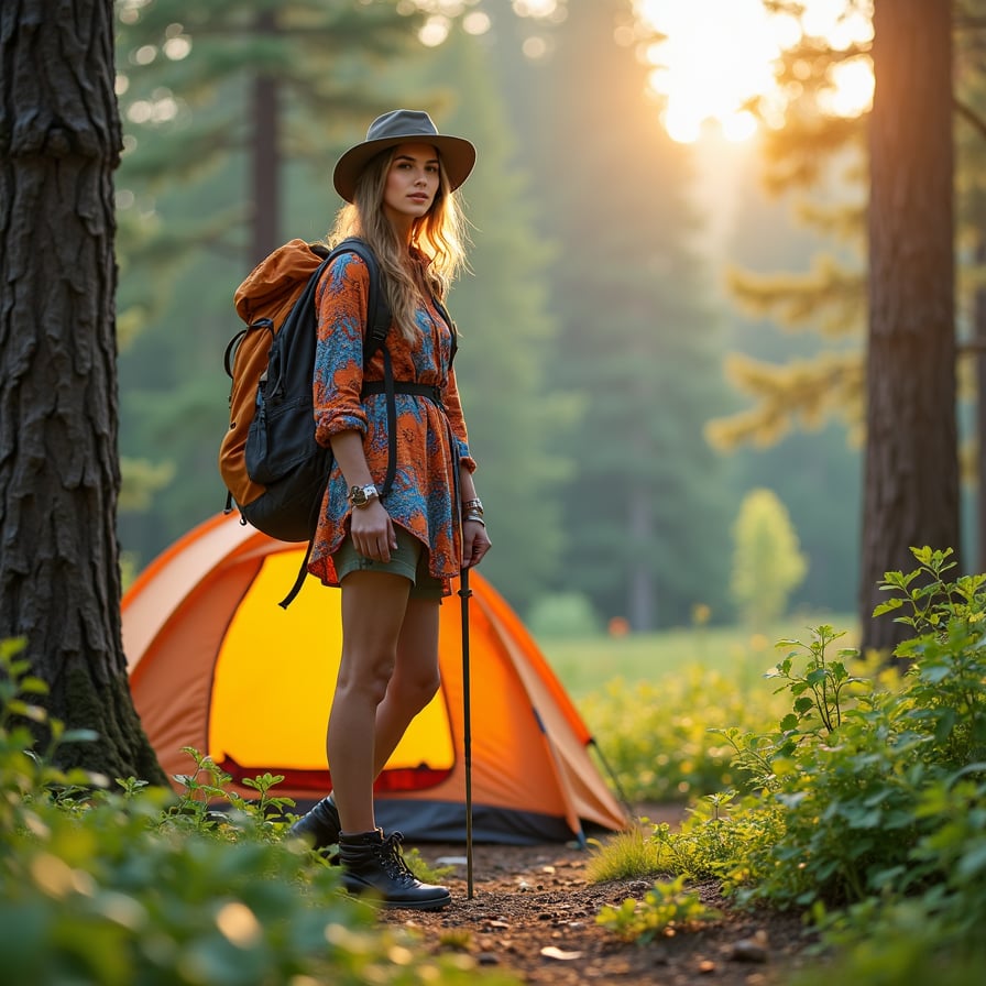 woman wearing outdoor gear, including a fleece jacket and hiking boots, standing amidst a serene forest landscape, surrounded by tall trees and lush greenery, with a camping tent and backpack nearby, posing with a walking stick and a sense of adventure.