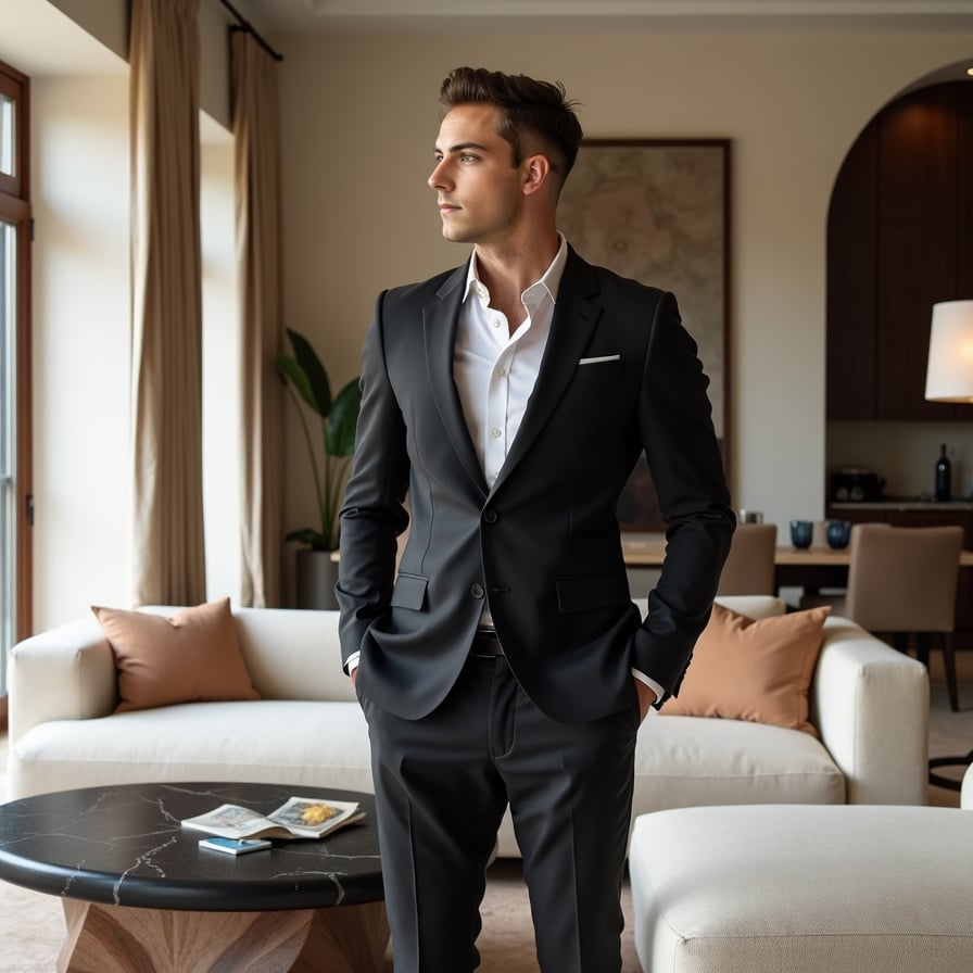 Stylish man in suit, luxury villa, Instagram-ready photo.