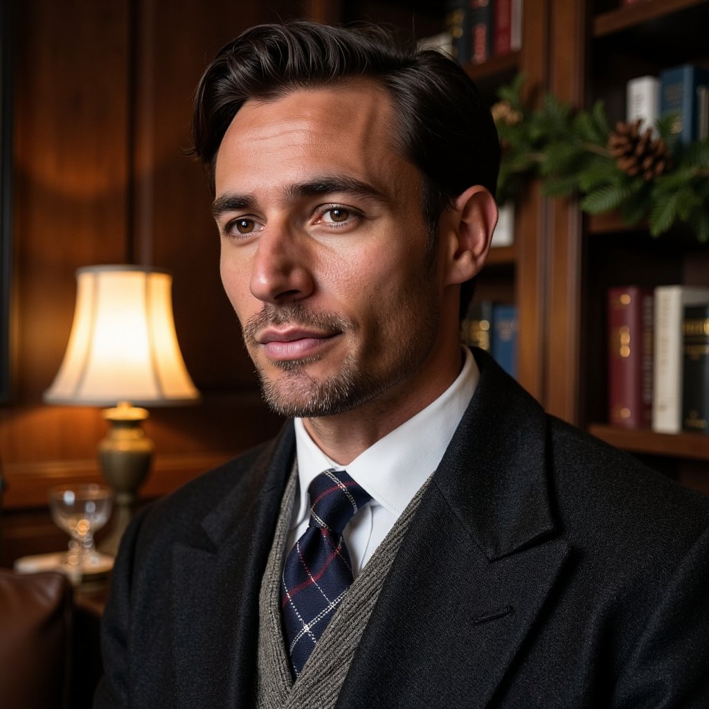 Close-up portrait of a man in an oak-paneled library, ambient light from a brass desk lamp. Hairstyle: side-part, soft wave; clean-shaven. Attire: dark tweed blazer, crisp white shirt, tartan tie. Fabric details: visible herringbone texture, tie weave, cotton thread. Camera: eye-level, 85mm, f/1.6 for gentle blur. Lighting: single tungsten lamp key + low ambient fill. Background: blurred shelves of books, muted garland with pinecones, brass lamp glow. Pose: neutral, composed, looking slightly away. Render: highly detailed, highly realistic, HDR; lifelike reflections in eyes, detailed fabric fibers, warm tonal contrast.