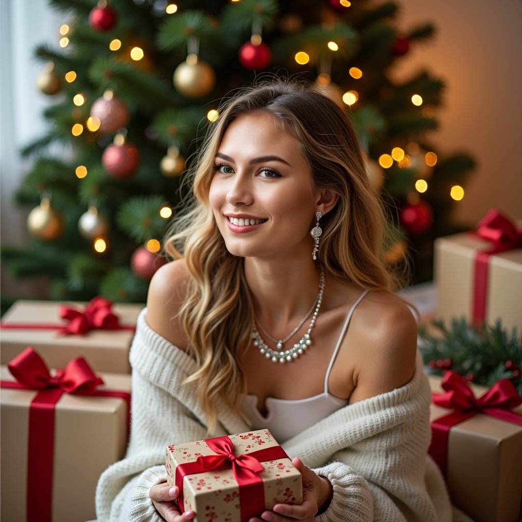 woman with a heartwarming smile, surrounded by thoughtful gifts, sharing warm hugs and gratitude with loved ones, soft natural lighting, cozy indoor setting with a subtle background blur.