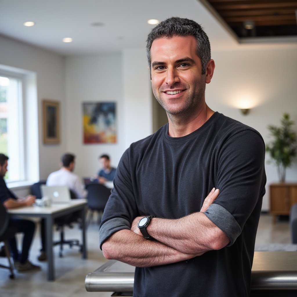man in a charcoal grey crew-neck t-shirt with subtle texture, casually leaning against a sleek, metallic counter. He has a warm, approachable smile, his gaze directly engaging the viewer. The background features a softly blurred, modern co-working space with distant figures at laptops and abstract art on the walls, illuminated by the gentle glow of natural light filtering through large windows.