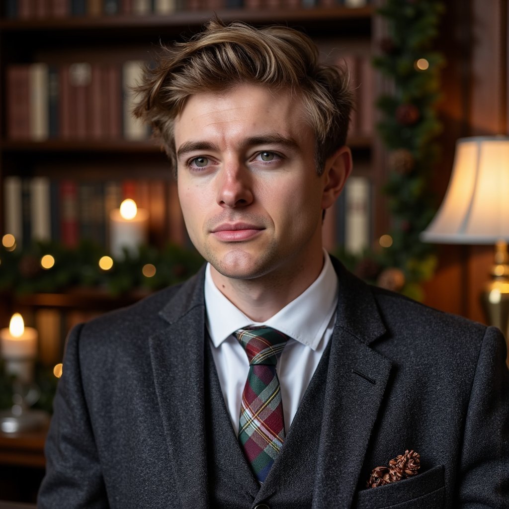Close-up portrait of a man in an oak-paneled library, ambient light from a brass desk lamp. Hairstyle: side-part, soft wave; clean-shaven. Attire: dark tweed blazer, crisp white shirt, tartan tie. Fabric details: visible herringbone texture, tie weave, cotton thread. Camera: eye-level, 85mm, f/1.6 for gentle blur. Lighting: single tungsten lamp key + low ambient fill. Background: blurred shelves of books, muted garland with pinecones, brass lamp glow. Pose: neutral, composed, looking slightly away. Render: highly detailed, highly realistic, HDR; lifelike reflections in eyes, detailed fabric fibers, warm tonal contrast.