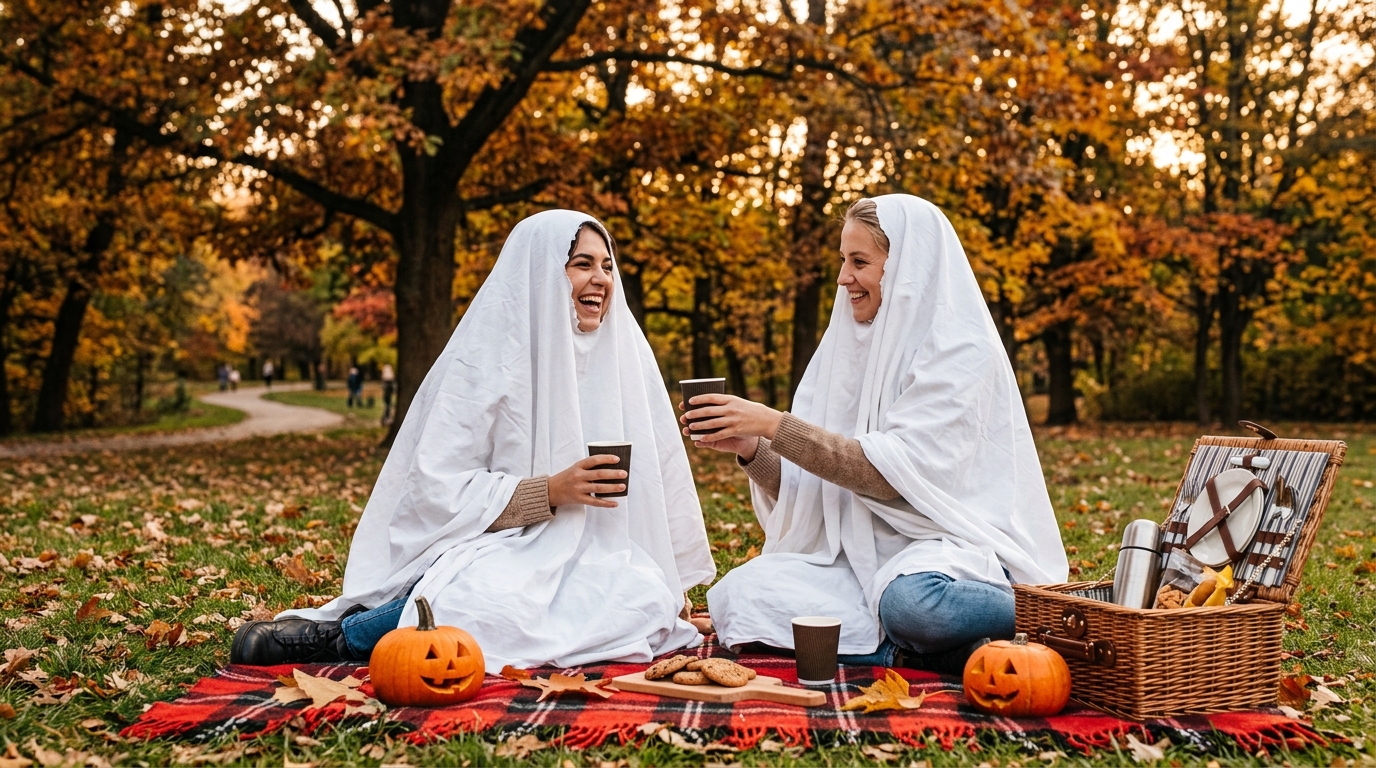 Cute sheet-ghost Halloween picnic photoshoot