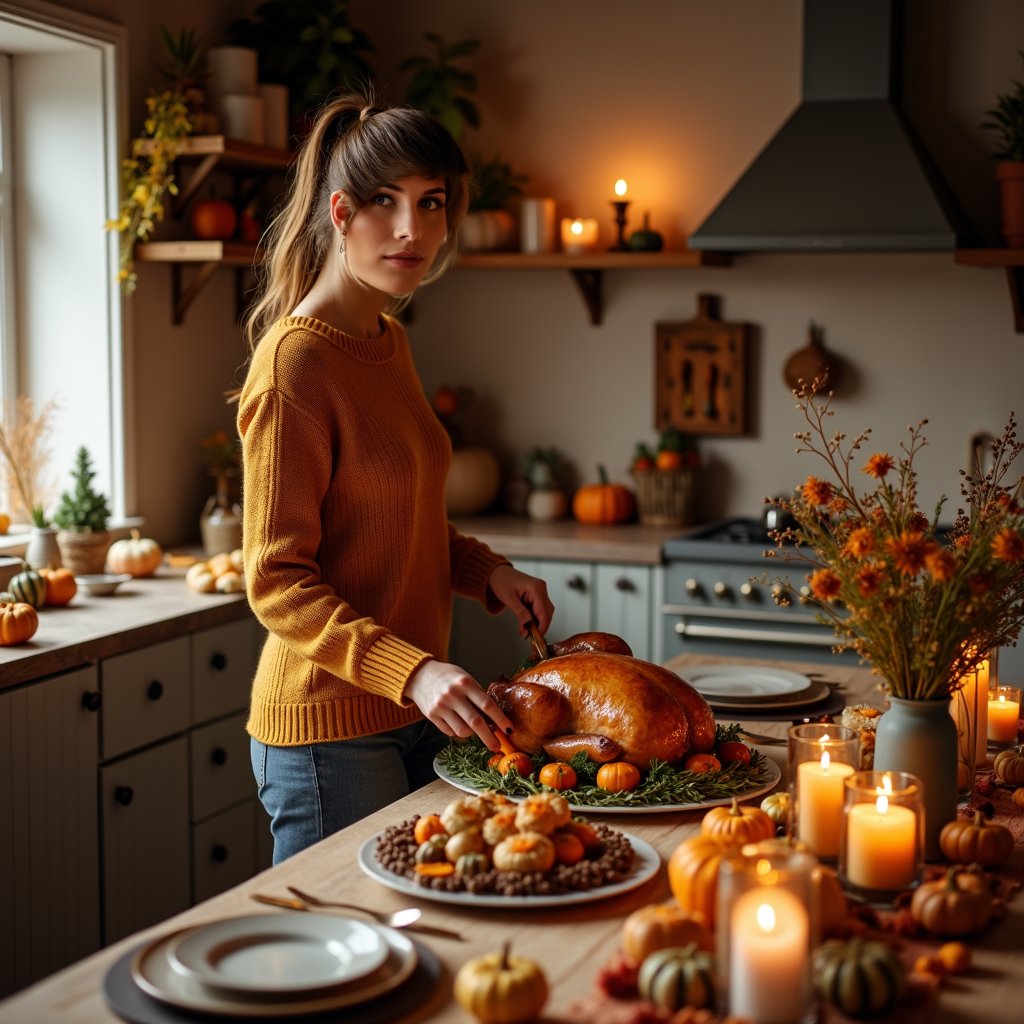 woman decorating the room for thanksgiving