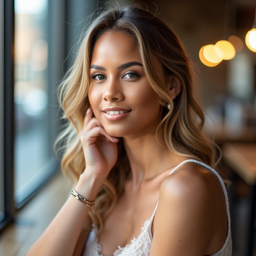 woman designed for a high-impact dating profile. She is styled in elegant yet casual attire, with subtle jewelry adding a touch of sophistication. The backdrop is neutral or softly blurred, with lighting that accentuates her features, creating a captivating image