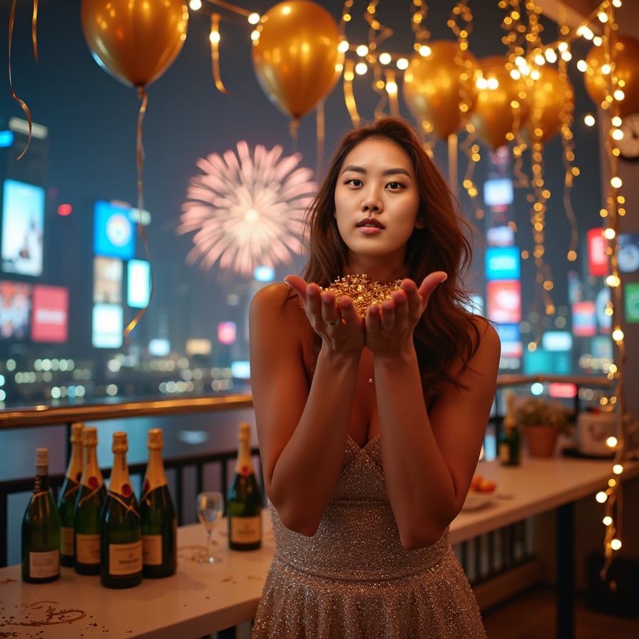 A woman captured mid-laugh as she blows glittery confetti towards the camera. Her dress, a radiant shade of silver, sparkles under the glow of fairy lights, and the background is filled with golden balloons, streamers, and a clock that has just struck midnight