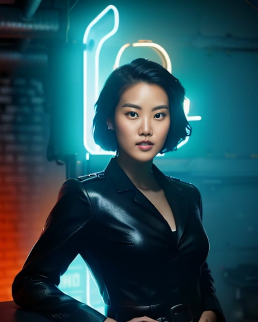 Cyber-enhanced woman, cyberpunk cityscape, neon lights, intense, cinematic.