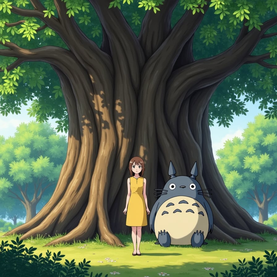 Satsuki in a yellow dress, standing in front of a gigantic camphor tree, surrounded by lush greenery, with a warm sunlight filtering through the leaves, Totoro sitting next to her, both having a gentle, serene, and whimsical expression.