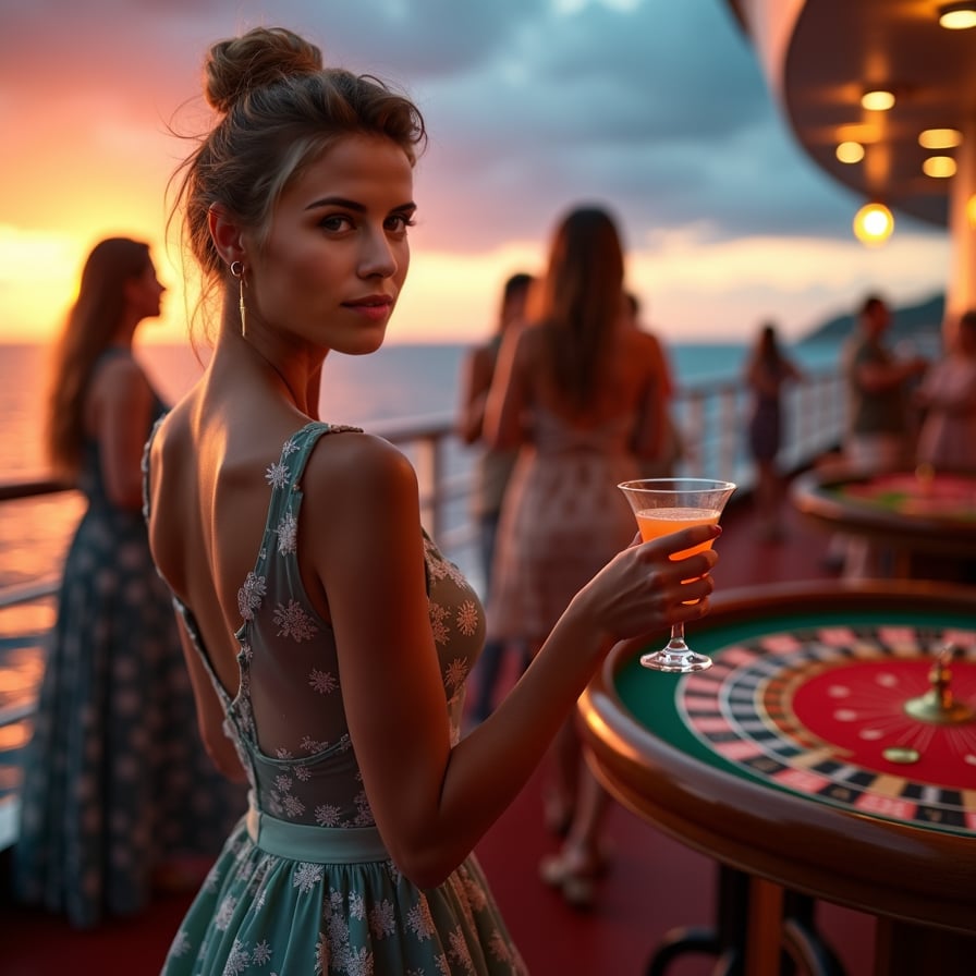 Casino Night: The model is in the ship’s casino, dressed in glamorous evening wear. She’s playing a game at the casino table or mingling with other guests, with the vibrant, sophisticated atmosphere of the casino adding to the scene.