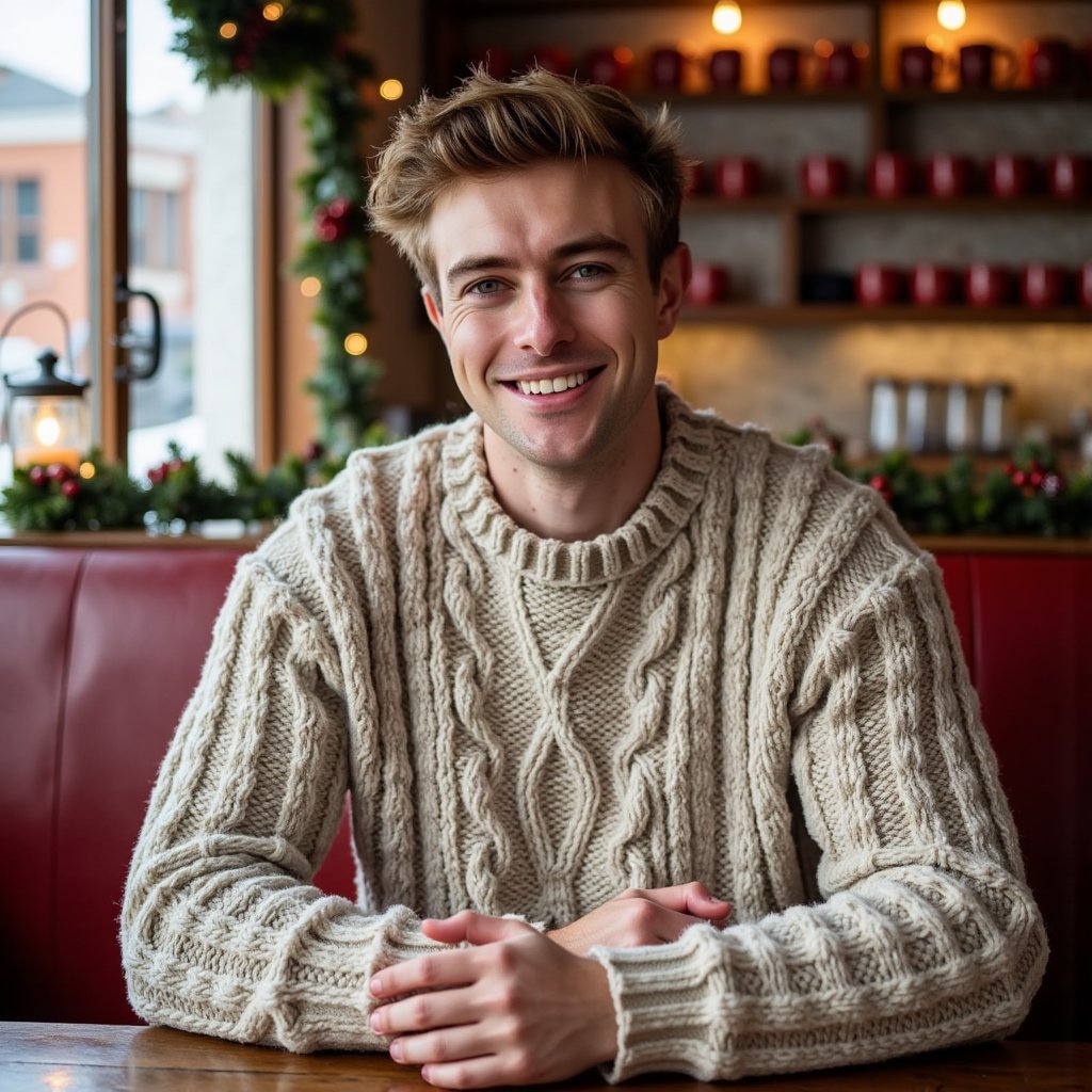 Waist-up portrait of a man seated in a cozy Christmas café booth, leaning slightly forward with elbows relaxed on the table, hands loosely clasped, still and composed. He wears a chunky oatmeal-colored cable-knit sweater with prominent detailed stitching.
Hair: brushed-back medium length, soft texture; light beard.
Lighting: warm overhead café glow with a soft diffused key from a nearby window, gentle shadow falloff for depth.
Background: blurred café shelves with red mugs, pine garland, and a single glowing lantern — minimal clutter, organized bokeh.
Camera: 50mm f/1.6 at eye level; highly detailed, highly realistic, HDR, sweater fibers, beard grain, and warm wood tones crisp.