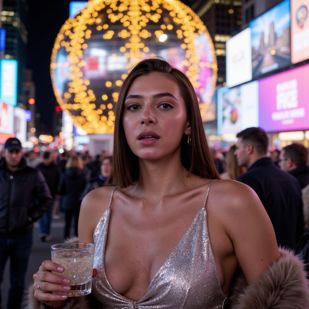 Times Square Ball Drop - Close-Up

Gender: Female

Pose: Close-up shot with the subject looking directly at the camera, her eyes wide with excitement, standing in front of the giant illuminated ball. She’s holding a sparkling drink in one hand.

Attire: Metallic silver party dress with sequins that reflect the city lights, and a faux fur stole draped over her shoulders.

Hairstyle: Slick, styled straight hair with a bit of shine, cascading around her shoulders.

Lighting: Bright city lights from the ball drop and nearby billboards, creating a vibrant glow on the subject's face and dress.

Background: The Times Square Ball is just behind her, blurring out the crowd and adding depth to the image. The background has warm, colorful lights from surrounding billboards and screens.

Camera Angle: Slightly tilted upwards to capture both the subject’s expression and the grandeur of the Times Square Ball, with bokeh from the surrounding crowd.

Additional Details: Realistic reflections in her glass and dress, with the bright, festive atmosphere emphasized in HDR.