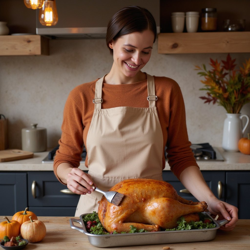 Highly realistic, highly detailed, hyperrealistic HDR waist-up image of a woman (female, ~35 yrs) standing beside a rustic kitchen counter, gently brushing glaze on a golden roast turkey. She wears a soft beige apron over a rust-orange sweater, sleeves rolled neatly. Her hair is in a loose low bun with a few strands framing her face, warm smile lit by amber pendant lights above. Camera positioned slightly from the side (~25°) focusing on her face and hands; background softly blurred — faint outline of cabinets, a vase of autumn leaves, and warm daylight filtering through. Visible textures: sheen of the turkey skin, fabric weave of the apron, fine reflections on metal tray. Cozy Thanksgiving warmth. HDR, high resolution, high quality, highly detailed, photorealistic.