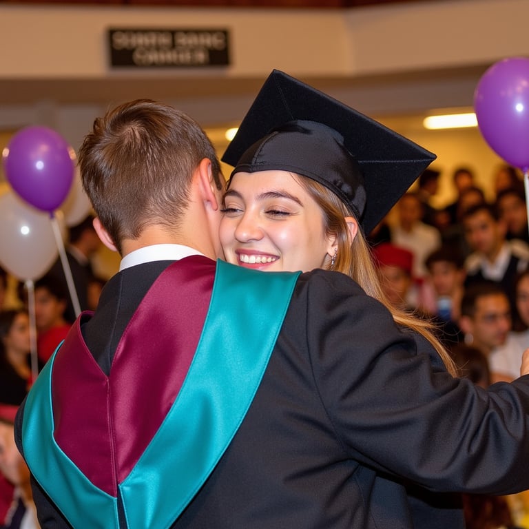 Waist-up scene showing a woman graduate and a male classmate in a warm farewell 