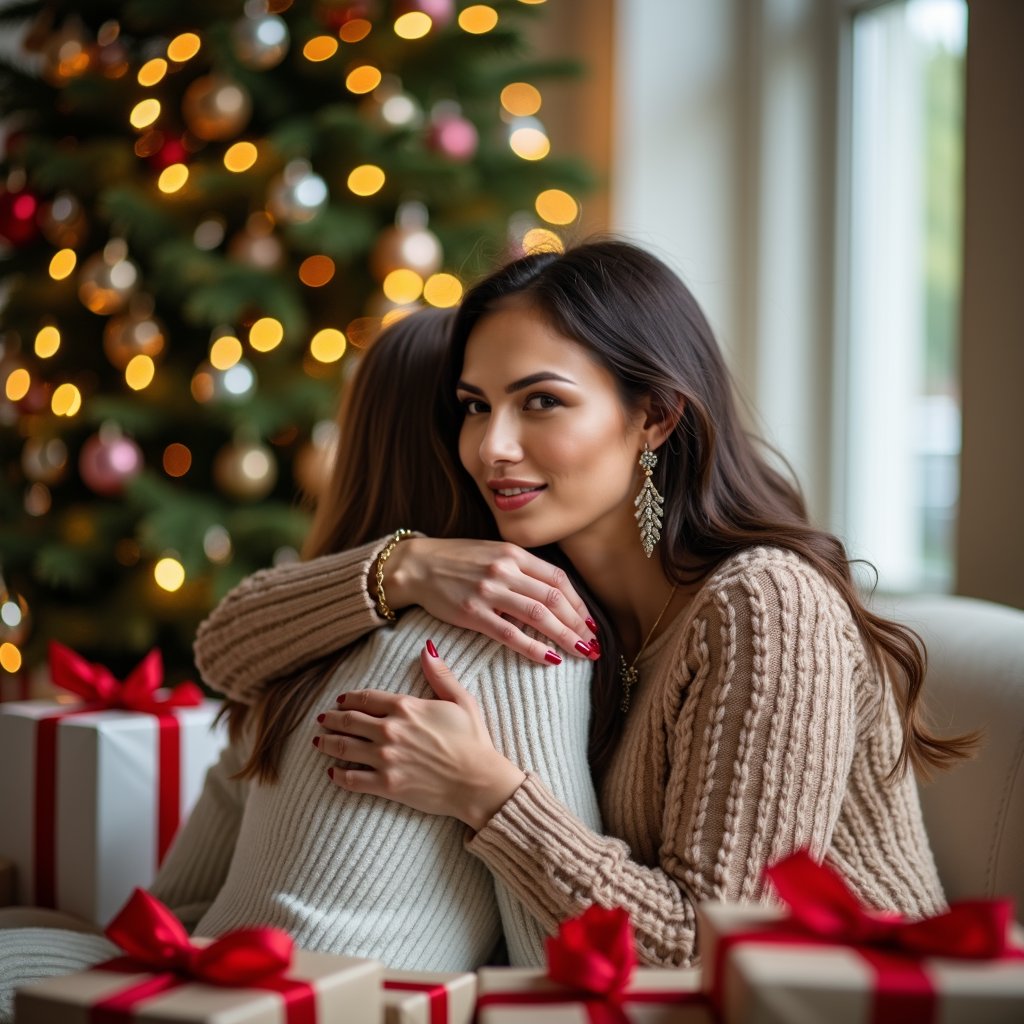 woman with a heartwarming smile, surrounded by thoughtful gifts, sharing warm hugs and gratitude with loved ones, soft natural lighting, cozy indoor setting with a subtle background blur.