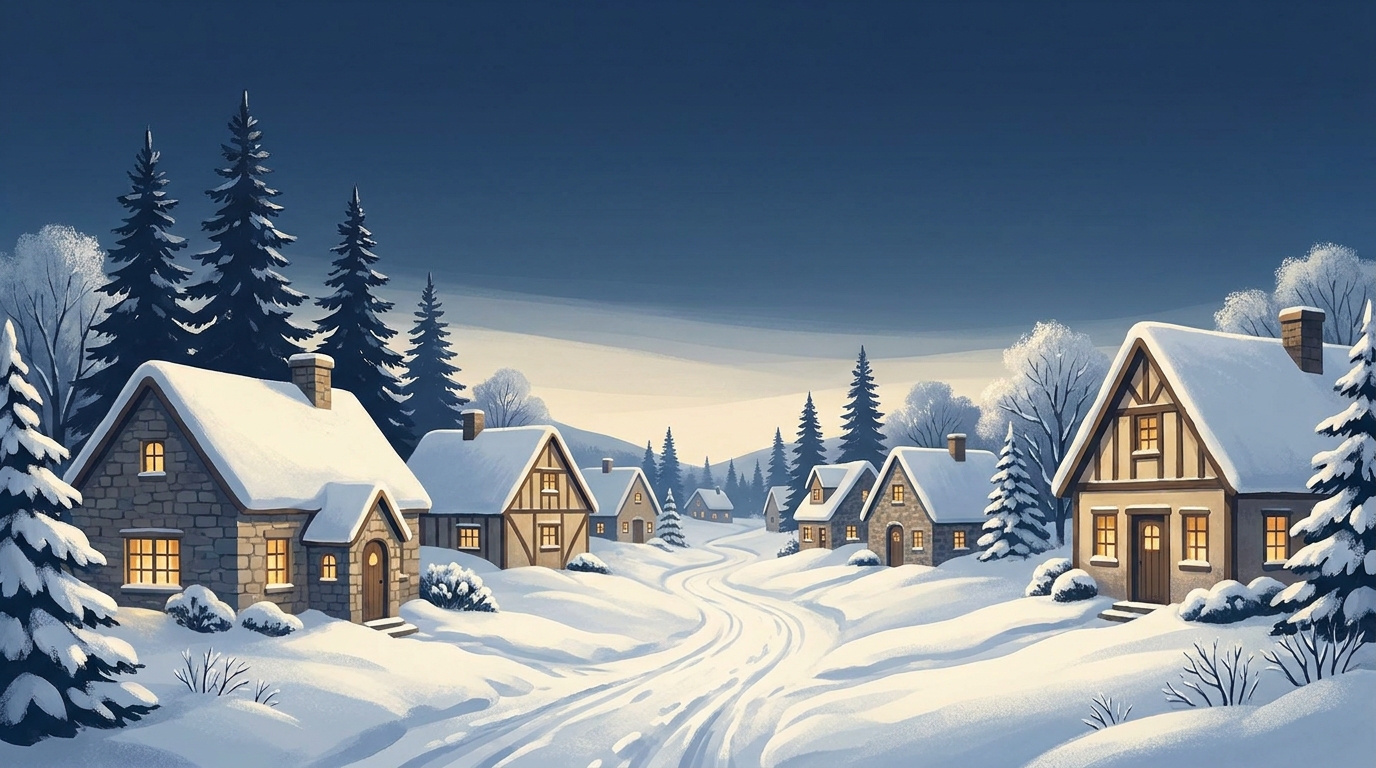 Snowy village Christmas card design with a quiet winter sky