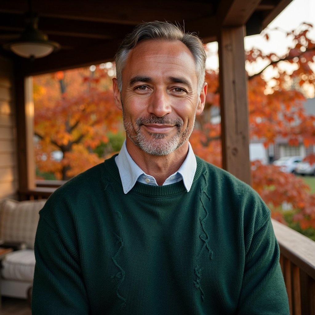 Highly realistic, highly detailed HDR head-and-shoulders portrait of a middle-aged Caucasian man (male, about 45 years old) standing outside on a rustic wooden porch with fall foliage behind. Camera angle straight-on at eye level. He is wearing a deep forest-green cable-knit sweater over a light chambray shirt (collar slightly visible), his hair is salt-and-pepper, neatly combed back; short beard trimmed. The evening golden hour sunlight filters through orange and red maple leaves behind him, casting warm rim light on his right shoulder and hair. Background softly blurred (shallow depth of field) showing the wooden porch rail and a hint of maple branches but no clutter. His expression is reflective but content — slight smile, crow’s-feet visible, skin texture detailed with natural pores and light stubble. The sweater fabric shows the cable-knit pattern in sharp detail, the chambray shirt faint texture visible. Light wind gently moves a few loose strands of hair and leaves behind him. Overall tone: autumnal, serene, gratitude.