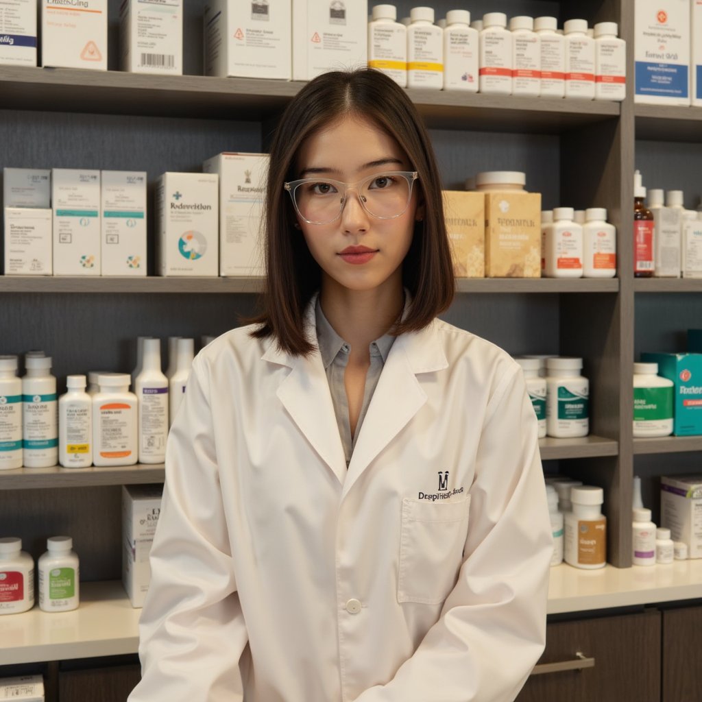Highly detailed, highly realistic HDR portrait of a woman pharmacist behind a bright counter; crisp lab coat over pastel blouse, short straight bob, frameless glasses. Camera: 50mm lens, f/2.2, ISO 320, chest-up framing, direct eye-level. Lighting: daylight fill from counter front, key overhead panel creating soft highlights on shoulders; faint shadow on wall behind. Pose: hands resting lightly on counter, calm approachable smile. Background: softly blurred shelves with neat rows of medicine bottles, minimal clutter.