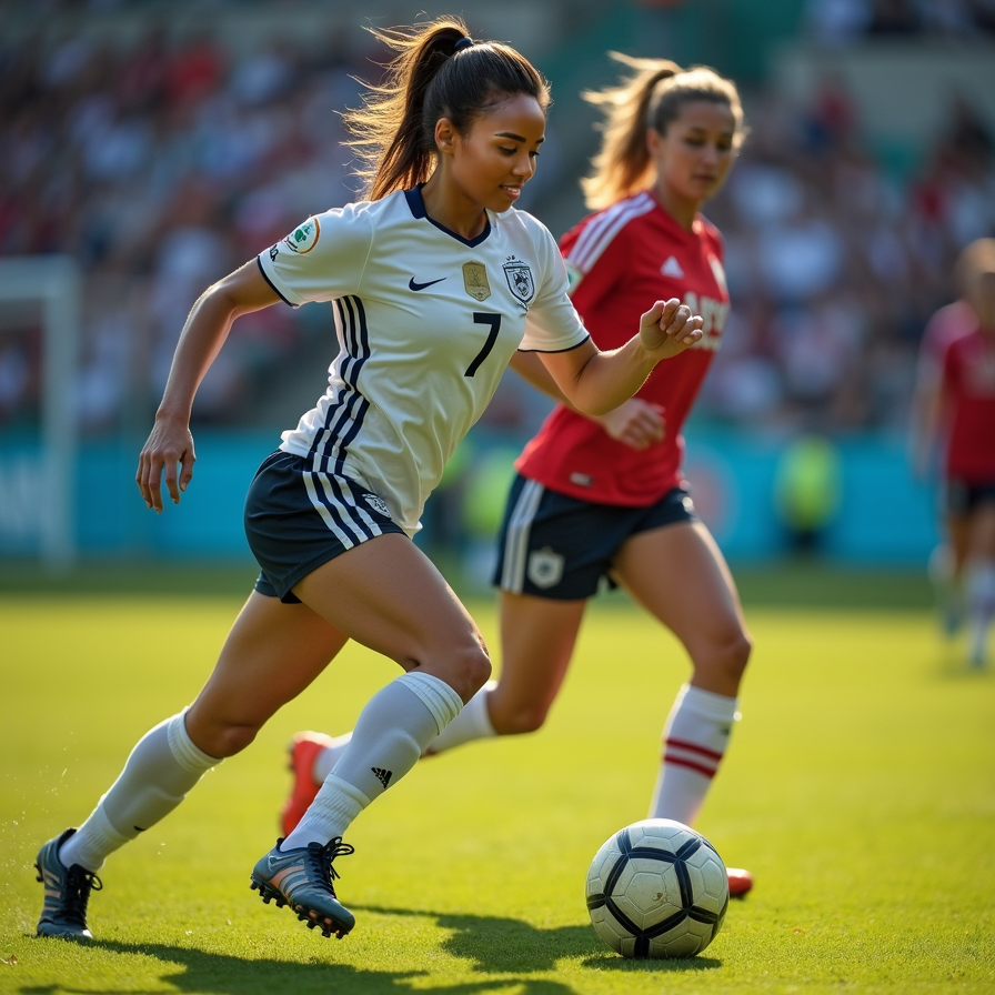 woman in dynamic action, tackling and dribbling a football away from an opponent