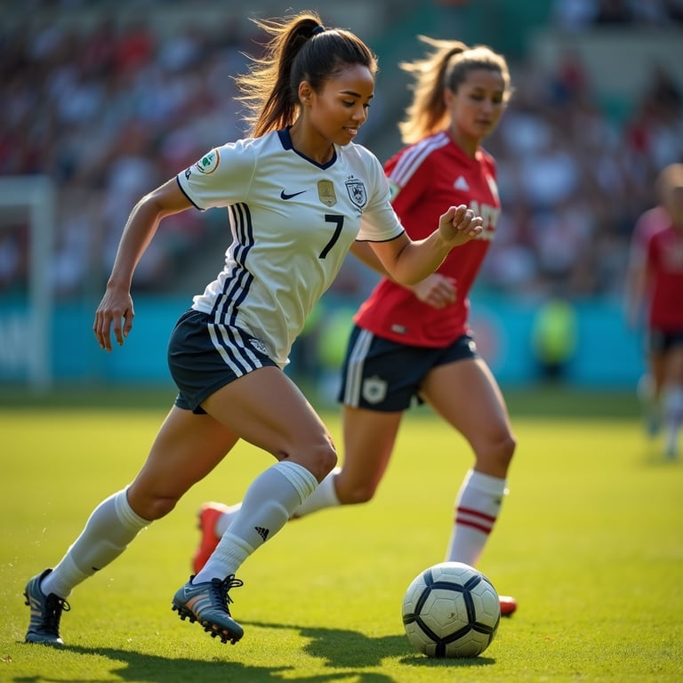 woman in dynamic action, tackling and dribbling a football away from an opponent