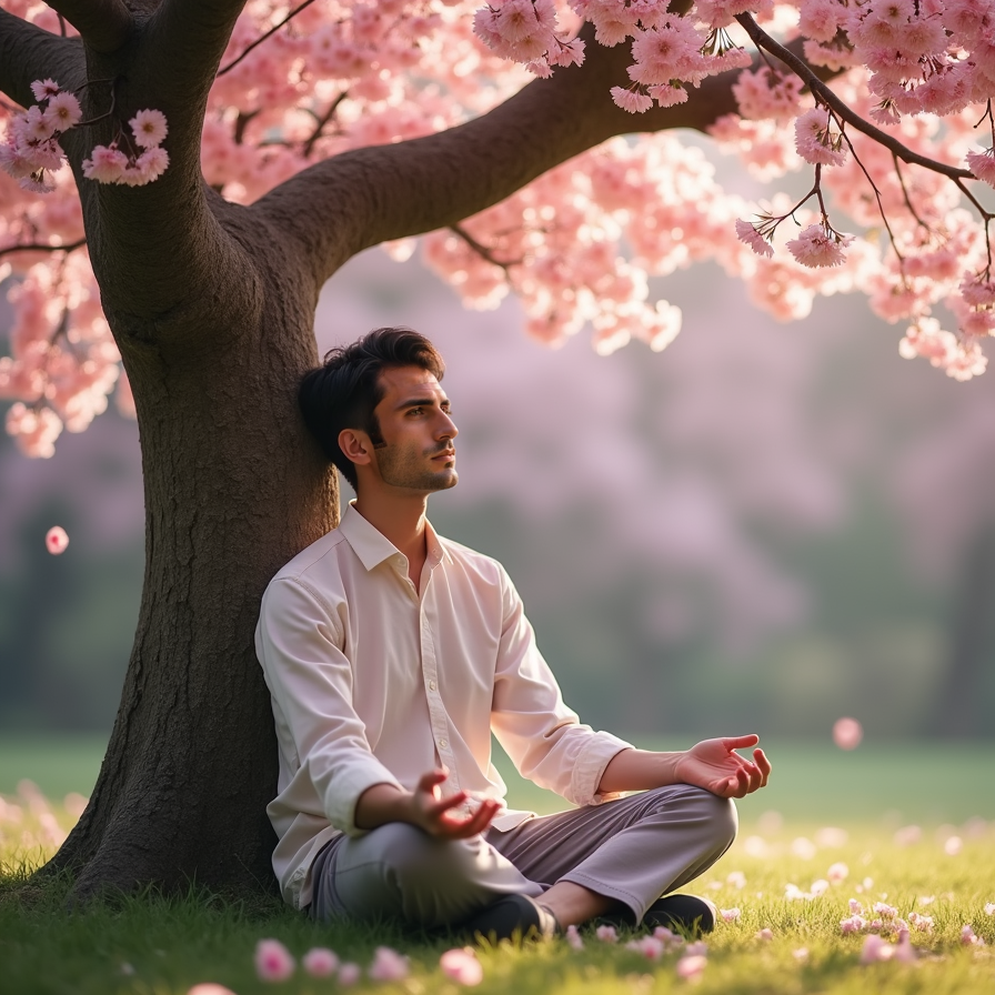 A young man sits cross-legged beneath a massive sakura tree in full bloom, medit