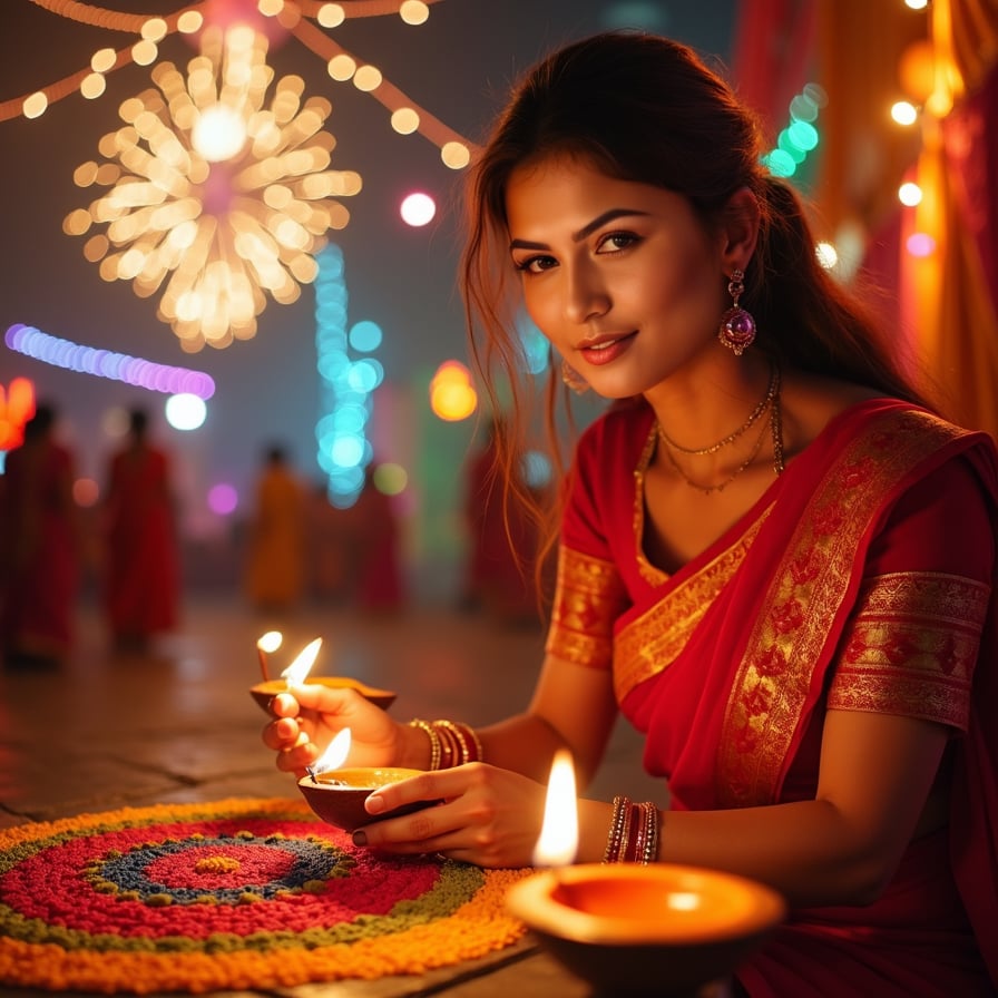Woman in traditional attire, Diwali decorations, vibrant, cultural celebration.