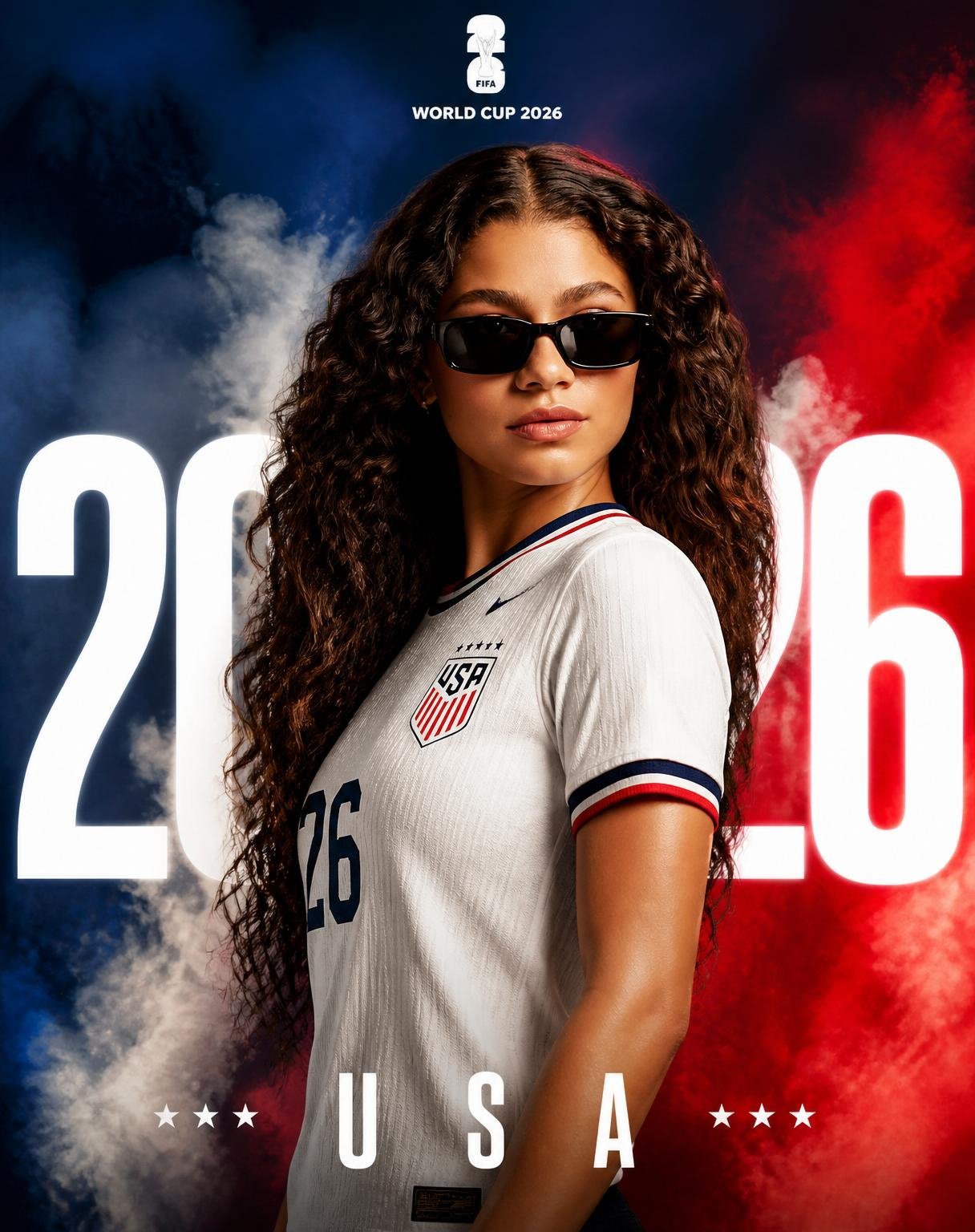Use the uploaded reference image as the exact facial reference. Preserve facial structure, hairstyle, skin tone, expression, head angle, and identity with high accuracy. Create a premium FIFA World Cup 2026 poster in a modern sports-fashion editorial style. The subject is wearing the official [USA] national football jersey, standing confidently in a heroic side-profile pose with luxury black sunglasses. Background filled with dramatic colored smoke using the national colors of [USA], cinematic lighting, ultra-sharp details, realistic fabric textures, glossy skin highlights, high-end commercial photography. Large bold white “2026” typography positioned behind the subject, partially obscured by the body. FIFA logo centered at the top. Country name “[COUNTRY]” in elegant spaced typography at the bottom. Clean minimalist composition, poster design, premium sports branding, Nike/Adidas campaign aesthetic, magazine cover quality, vibrant contrast, depth, realistic shadows, 8K ultra-detailed, professional advertising photography, vertical 4:5 aspect ratio.