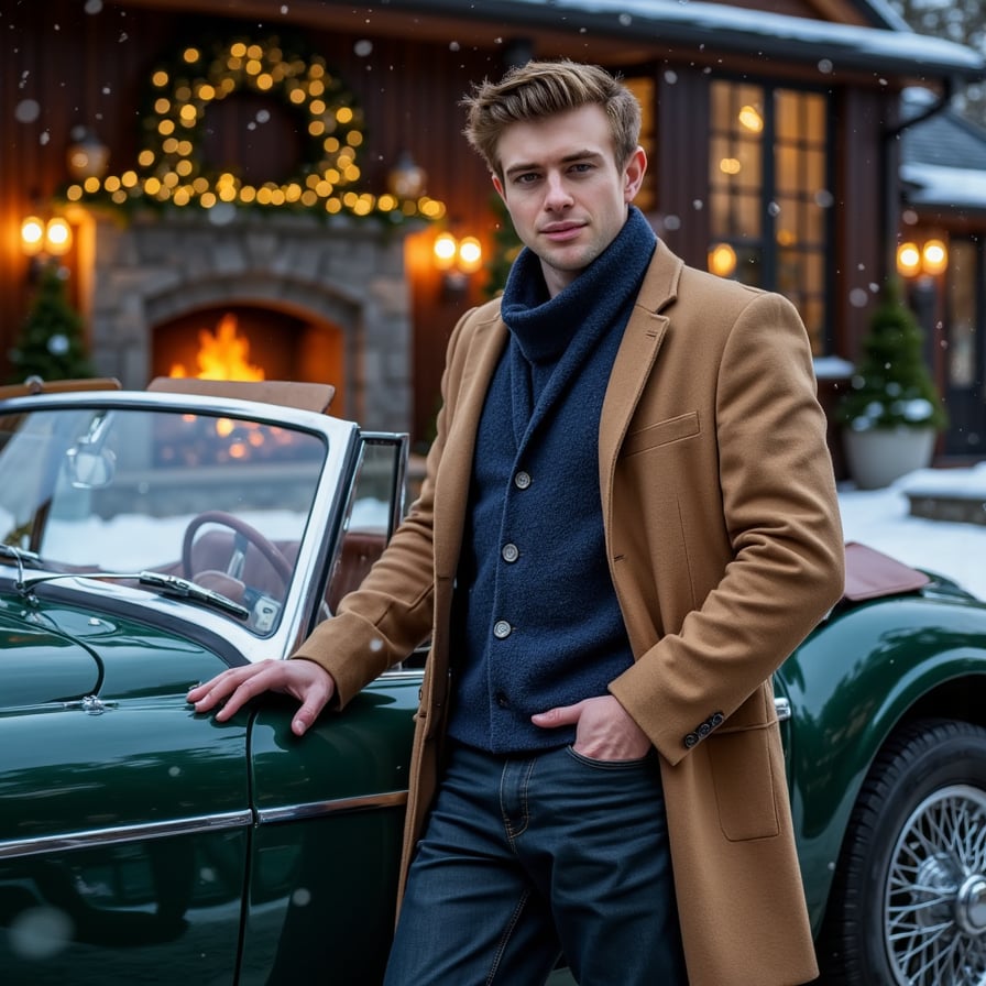 Man leaning against a deep-green vintage convertible parked near a pine-lined driveway, subtle snowfall. Hairstyle: slicked back with matte finish, short beard trimmed. Attire: camel wool coat, navy cashmere scarf, leather driving gloves. Fabric details: crisp wool texture, fine cashmere fibers, glove patina. Camera: slightly low angle, 35mm, f/2.0 for cinematic perspective. Lighting: cool blue dusk ambient + warm reflection from nearby holiday lights. Background: blurred evergreen garlands wrapped around lampposts, faint glow of mansion windows. Pose: relaxed, one hand in pocket, the other on car edge. Render: highly detailed, highly realistic, HDR; reflections visible on coat buttons and car chrome.