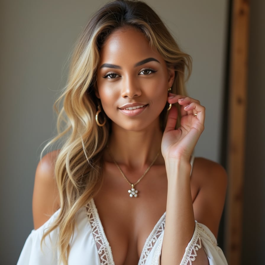 woman designed for a high-impact dating profile. She is styled in elegant yet casual attire, with subtle jewelry adding a touch of sophistication. The backdrop is neutral or softly blurred, with lighting that accentuates her features, creating a captivating image