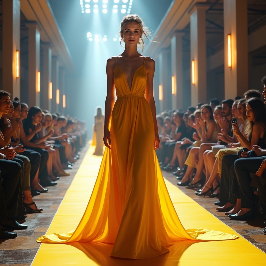 woman in a stunning, floor-sweeping yellow evening gown, confidently strutting down a glamorous catwalk, surrounded by flashing cameras and a crowded audience, under the bright lights of a high-end fashion event.