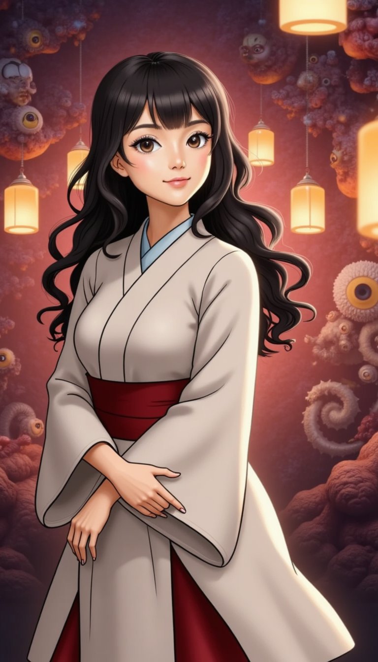 girl in a white kimono with a red sash, standing in front of a spirit world background with fantastical creatures and lanterns, inspired by Hayao Miyazaki's Spirited Away.