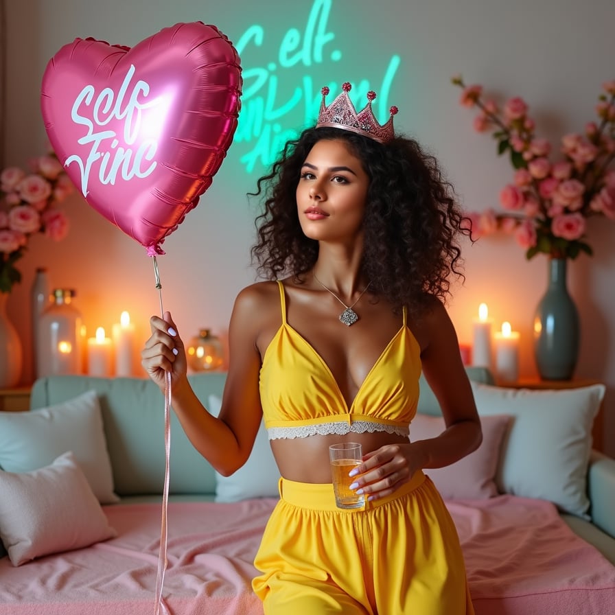 Stand confidently in a vibrant outfit, holding a heart-shaped balloon with "Self-Love First" written on it. Smile proudly to show empowerment.