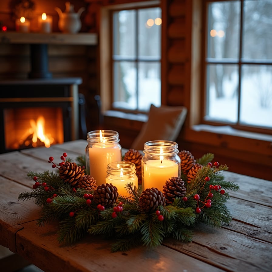 A rustic cabin scene with a wooden table decorated with a natural wreath of pinecones and berries, lit candles in mason jars, and a crackling fireplace in the background. Snowy windows frame the cozy, woodsy vibe.