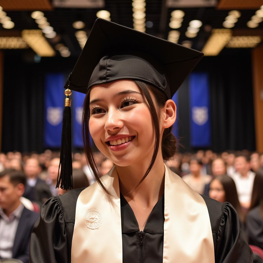 Tight headshot of a woman graduate just off-stage, head slightly tilted, gentle proud smile; black gown with a white stole embossed with a faint seal (no text), mortarboard tassel resting along the cheek line (not held); sleek low bun with a clean center part; camera straight-on at eye level; 105mm lens, f/2.5, ISO 200; lighting: soft key from a nearby diffused LED panel, subtle hair light from above, preserving natural skin texture; background: defocused stage lights forming round bokeh and a blurred university banner in deep blue; micro detail: satin stole highlights, tassel fiber separation, subtle pores and fine hairs around the hairline; minimal clutter, shallow DOF, true-to-skin color, highly detailed, highly realistic, HDR finish.