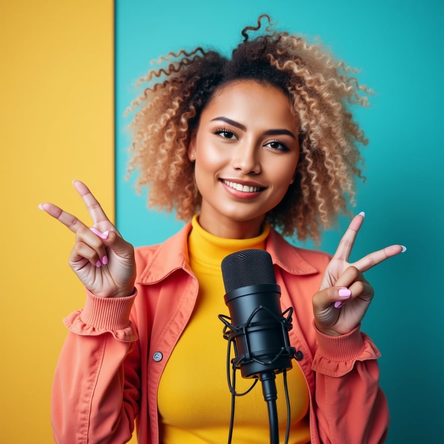 Generate a polished thumbnail-ready headshot of a woman with a bright and confident expression. She is posed in a way that adds intrigue, such as leaning slightly forward or pointing toward text space. The background is clean but vibrant, emphasizing her presence and creating a cohesive thumbnail