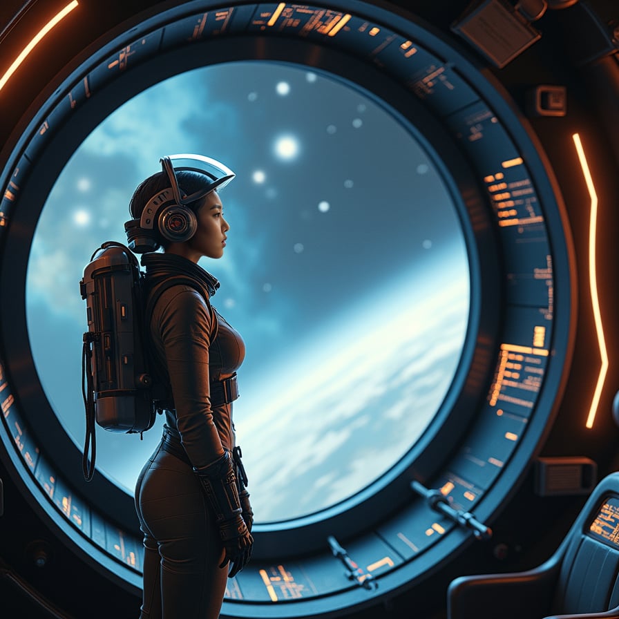 A woman captain standing on the command deck of a massive starship, looking out at the vast expanse of space through a large viewing window. She is dressed in a sleek, futuristic uniform. Outside, planets, nebulae, and stars fill the cosmos, while holographic displays around her show tactical maps and navigation data