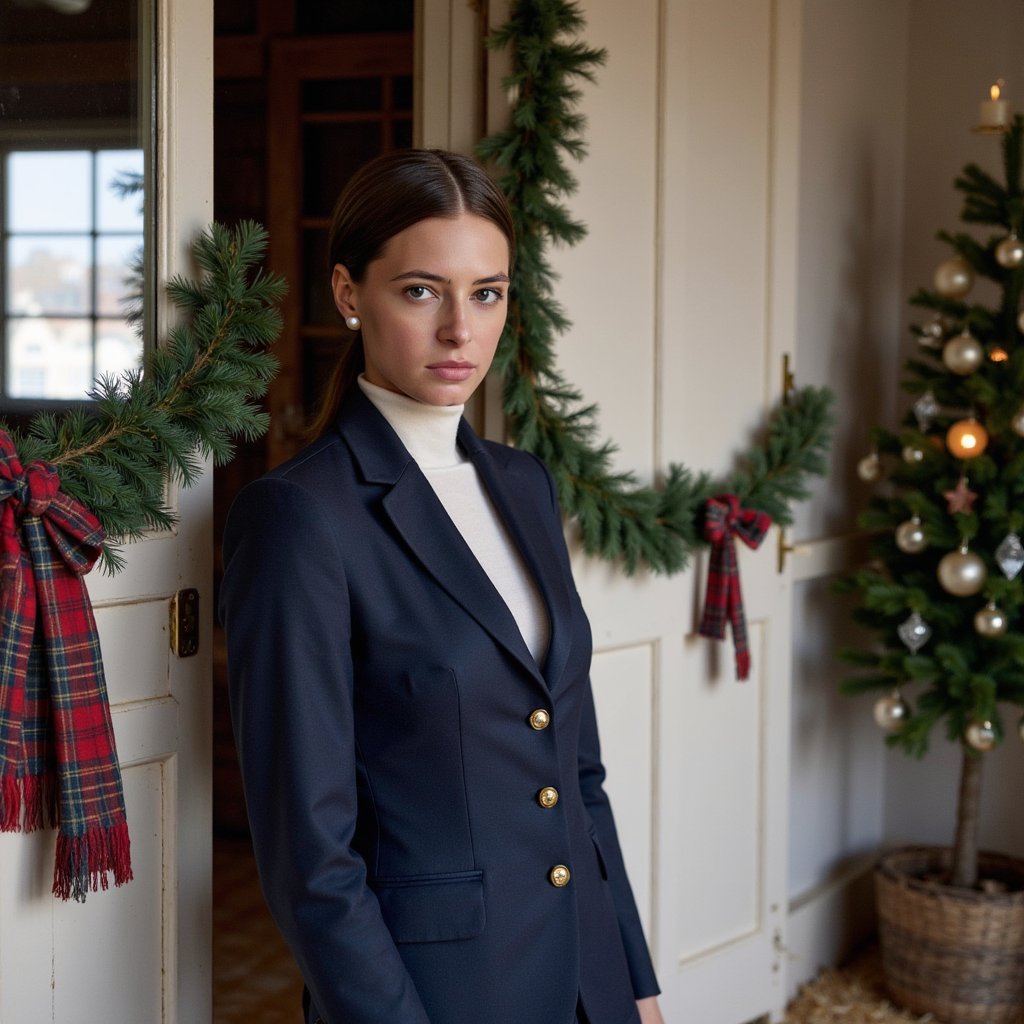 Woman standing beside a stable door draped with festive garland, facing camera, composed expression. Hairstyle: sleek low ponytail, minimal makeup. Attire: tailored navy riding jacket with brass buttons, cream turtleneck. Fabric details: twill weave visible on jacket, soft wool knit. Camera: slight low angle, 50mm, f/2.2. Lighting: soft winter daylight + warm bounce from straw floor, creating balanced tones. Background: blurred stable interior with faint light leaks, clean composition. Pose: one hand lightly on door edge, posture proud but natural. Render: highly detailed, highly realistic, HDR; visible horsehair texture on nearby blanket, dust motes in light.