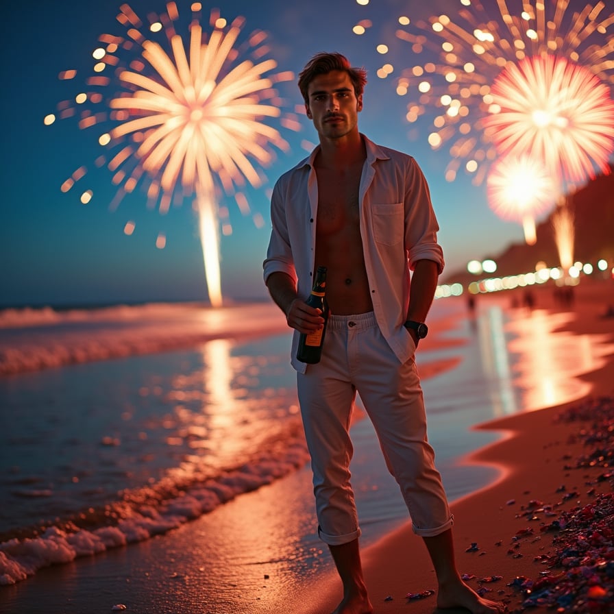 A relaxed man in a linen shirt and rolled-up pants, standing barefoot on the beach with fireworks reflecting on the water behind him, facing the camera with a peaceful smile