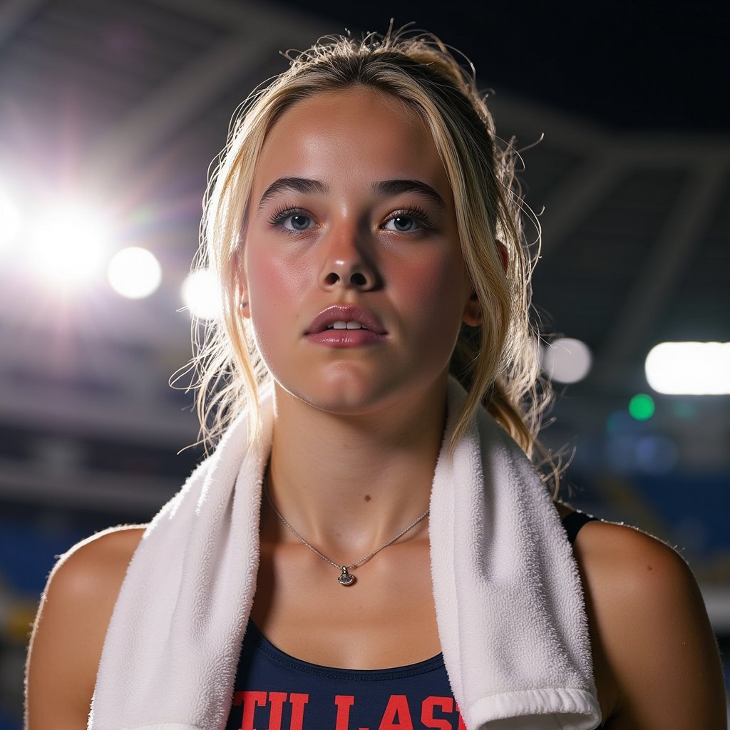 Headshot of a female sprinter post-race, breathing heavily with towel around neck, expression of fierce focus, subtle motion blur behind her