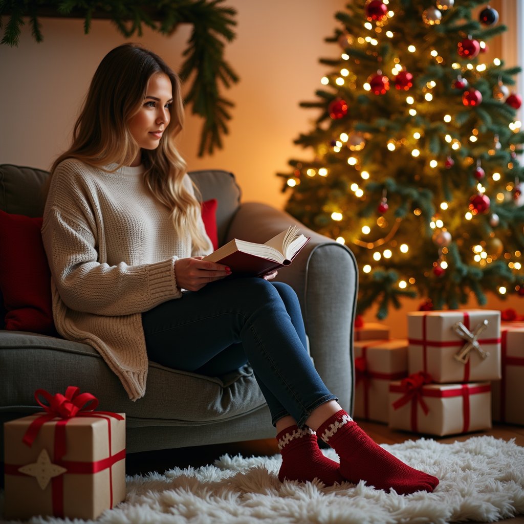 woman in a warm, cozy sweater and festive holiday socks, surrounded by the twinkling lights of the Christmas tree, sitting comfortably on a plush couch with a few family members, engaging in quiet conversations or reading a book together, warm indoor lighting, soft focus, serene atmosphere.