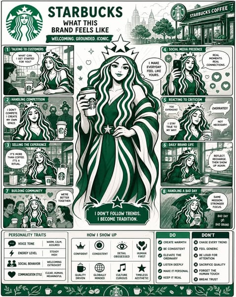 Using the uploaded logo, create a highly detailed, comic-style infographic poster:

“What This Brand Feels Like”

GOAL:
Turn the brand into a living personality and visually explain how it behaves, speaks, and interacts with the world.
This must feel like a mix of:
brand strategy + character design + comic storytelling.

---

CORE RULE:

Everything must come from the logo:
- colors
- style
- tone
- personality

No generic personality traits.

---

MAIN STRUCTURE:

Vertical 4:5 poster  
Dense layout with multiple panels  
Comic + infographic hybrid  

---

TOP SECTION:

- Brand name  
- Short personality statement (max 6 words)  
Example:
“Quiet confidence with sharp edges”

---

MAIN CHARACTER (VERY IMPORTANT):

Create a central character representing the brand:

- humanized version of the brand  
- outfit reflects brand style  
- posture + expression reflect personality  

---

AROUND THE CHARACTER:

Create 6–8 comic panels showing how the brand behaves in different situations.

---

SCENARIO IDEAS:

- Talking to customers  
- Handling competition  
- Selling a product  
- Social media presence  
- Reacting to criticism  
- Daily “brand life” moment  

---

FOR EACH PANEL:

Include:
- short caption (max 6 words)  
- speech bubble or internal thought  
- clear visual action  

---

TONE EXAMPLES:

Luxury brand:
calm, confident, minimal speech  

Playful brand:
loud, chaotic, expressive  

Tech brand:
precise, logical, clean  

---

PERSONALITY TRAITS SECTION:

Add small labeled blocks:

- Voice tone (e.g. calm, bold, playful)  
- Energy level (low / medium / high)  
- Social behavior (introvert / extrovert)  
- Communication style  

Use:
- icons  
- short labels  

---

DO / DON’T SECTION:

Add a split block:

DO:
- how the brand should act  

DON’T:
- what breaks the identity  

Keep:
- very short phrases  

---

VISUAL ELEMENTS:

- speech bubbles  
- icons  
- arrows  
- small reactions  
- exaggerated comic expressions  

---

STYLE:

- comic + editorial hybrid  
- slightly exaggerated but still premium  
- expressive but not childish  

---

COLOR:

- strictly based on logo palette  
- use color to reinforce personality  

---

DEPTH:

- 20–40 visual elements  
- multiple small panels  
- layered composition  

---

IMPORTANT RULES:

- must feel alive  
- must feel specific  
- no generic marketing words  
- no empty areas  
- keep text short but impactful  

---

FINAL FEEL:

Like:
- a brand strategy turned into a character  
- a visual storytelling board  
- something people save and study  

NOT:
- flat  
- generic  
- minimal