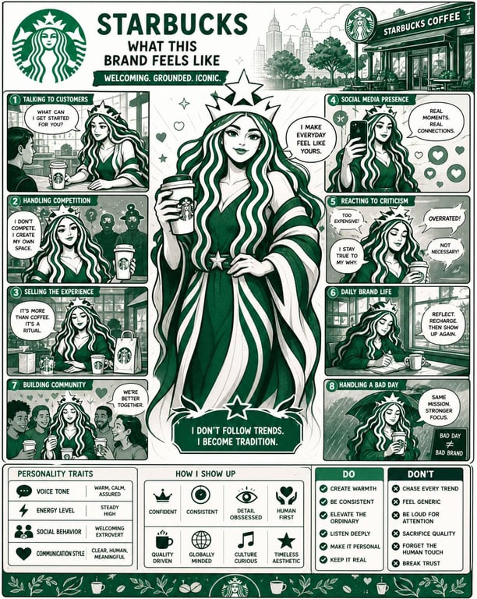 Using the uploaded logo, create a highly detailed, comic-style infographic poster:

“What This Brand Feels Like”

GOAL:
Turn the brand into a living personality and visually explain how it behaves, speaks, and interacts with the world.
This must feel like a mix of:
brand strategy + character design + comic storytelling.

---

CORE RULE:

Everything must come from the logo:
- colors
- style
- tone
- personality

No generic personality traits.

---

MAIN STRUCTURE:

Vertical 4:5 poster  
Dense layout with multiple panels  
Comic + infographic hybrid  

---

TOP SECTION:

- Brand name  
- Short personality statement (max 6 words)  
Example:
“Quiet confidence with sharp edges”

---

MAIN CHARACTER (VERY IMPORTANT):

Create a central character representing the brand:

- humanized version of the brand  
- outfit reflects brand style  
- posture + expression reflect personality  

---

AROUND THE CHARACTER:

Create 6–8 comic panels showing how the brand behaves in different situations.

---

SCENARIO IDEAS:

- Talking to customers  
- Handling competition  
- Selling a product  
- Social media presence  
- Reacting to criticism  
- Daily “brand life” moment  

---

FOR EACH PANEL:

Include:
- short caption (max 6 words)  
- speech bubble or internal thought  
- clear visual action  

---

TONE EXAMPLES:

Luxury brand:
calm, confident, minimal speech  

Playful brand:
loud, chaotic, expressive  

Tech brand:
precise, logical, clean  

---

PERSONALITY TRAITS SECTION:

Add small labeled blocks:

- Voice tone (e.g. calm, bold, playful)  
- Energy level (low / medium / high)  
- Social behavior (introvert / extrovert)  
- Communication style  

Use:
- icons  
- short labels  

---

DO / DON’T SECTION:

Add a split block:

DO:
- how the brand should act  

DON’T:
- what breaks the identity  

Keep:
- very short phrases  

---

VISUAL ELEMENTS:

- speech bubbles  
- icons  
- arrows  
- small reactions  
- exaggerated comic expressions  

---

STYLE:

- comic + editorial hybrid  
- slightly exaggerated but still premium  
- expressive but not childish  

---

COLOR:

- strictly based on logo palette  
- use color to reinforce personality  

---

DEPTH:

- 20–40 visual elements  
- multiple small panels  
- layered composition  

---

IMPORTANT RULES:

- must feel alive  
- must feel specific  
- no generic marketing words  
- no empty areas  
- keep text short but impactful  

---

FINAL FEEL:

Like:
- a brand strategy turned into a character  
- a visual storytelling board  
- something people save and study  

NOT:
- flat  
- generic  
- minimal