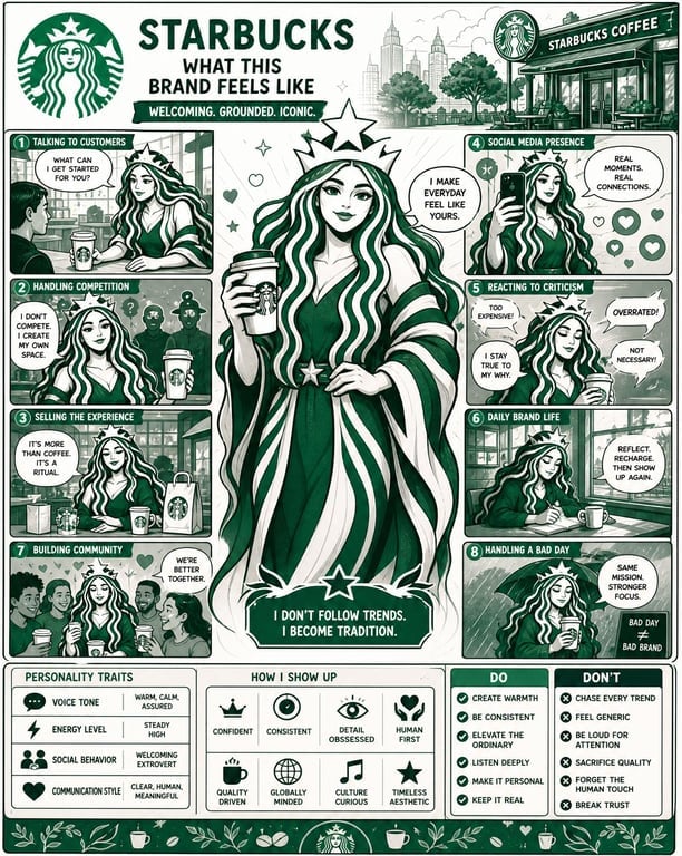 Using the uploaded logo, create a highly detailed, comic-style infographic poster:

“What This Brand Feels Like”

GOAL:
Turn the brand into a living personality and visually explain how it behaves, speaks, and interacts with the world.
This must feel like a mix of:
brand strategy + character design + comic storytelling.

---

CORE RULE:

Everything must come from the logo:
- colors
- style
- tone
- personality

No generic personality traits.

---

MAIN STRUCTURE:

Vertical 4:5 poster  
Dense layout with multiple panels  
Comic + infographic hybrid  

---

TOP SECTION:

- Brand name  
- Short personality statement (max 6 words)  
Example:
“Quiet confidence with sharp edges”

---

MAIN CHARACTER (VERY IMPORTANT):

Create a central character representing the brand:

- humanized version of the brand  
- outfit reflects brand style  
- posture + expression reflect personality  

---

AROUND THE CHARACTER:

Create 6–8 comic panels showing how the brand behaves in different situations.

---

SCENARIO IDEAS:

- Talking to customers  
- Handling competition  
- Selling a product  
- Social media presence  
- Reacting to criticism  
- Daily “brand life” moment  

---

FOR EACH PANEL:

Include:
- short caption (max 6 words)  
- speech bubble or internal thought  
- clear visual action  

---

TONE EXAMPLES:

Luxury brand:
calm, confident, minimal speech  

Playful brand:
loud, chaotic, expressive  

Tech brand:
precise, logical, clean  

---

PERSONALITY TRAITS SECTION:

Add small labeled blocks:

- Voice tone (e.g. calm, bold, playful)  
- Energy level (low / medium / high)  
- Social behavior (introvert / extrovert)  
- Communication style  

Use:
- icons  
- short labels  

---

DO / DON’T SECTION:

Add a split block:

DO:
- how the brand should act  

DON’T:
- what breaks the identity  

Keep:
- very short phrases  

---

VISUAL ELEMENTS:

- speech bubbles  
- icons  
- arrows  
- small reactions  
- exaggerated comic expressions  

---

STYLE:

- comic + editorial hybrid  
- slightly exaggerated but still premium  
- expressive but not childish  

---

COLOR:

- strictly based on logo palette  
- use color to reinforce personality  

---

DEPTH:

- 20–40 visual elements  
- multiple small panels  
- layered composition  

---

IMPORTANT RULES:

- must feel alive  
- must feel specific  
- no generic marketing words  
- no empty areas  
- keep text short but impactful  

---

FINAL FEEL:

Like:
- a brand strategy turned into a character  
- a visual storytelling board  
- something people save and study  

NOT:
- flat  
- generic  
- minimal
