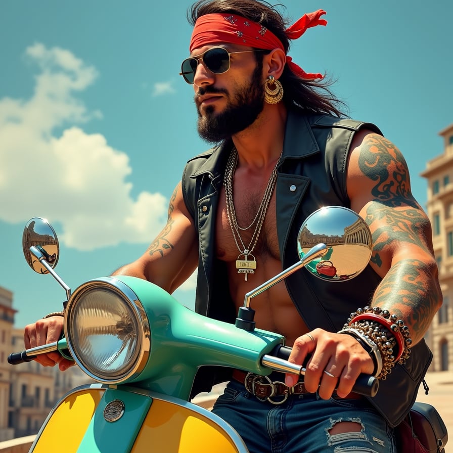 man gripping handlebars of a Vespa scooter, dressed in casual riding gear, against a scenic urban backdrop