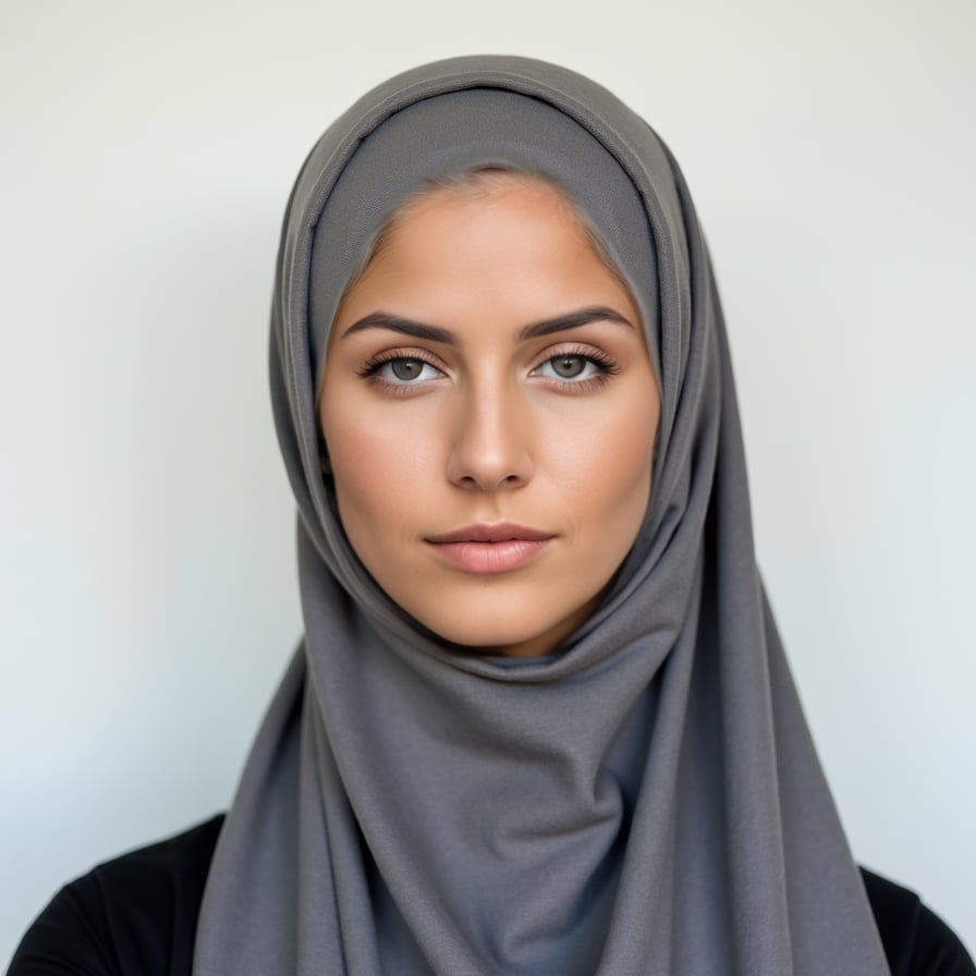 A passport-size photo of a person wearing religious attire, such as a hijab, turban, or skullcap. The background is plain white, and the attire does not cover the face. The lighting is even, with no shadows, and the individual maintains a neutral expression